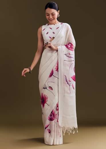 Off White Cotton Linen Saree With Artistic Floral Print