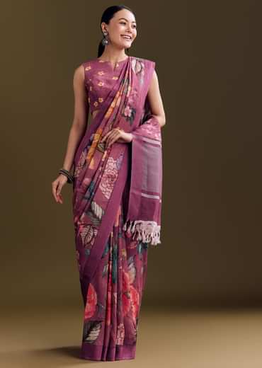 Purple Cotton Linen Saree With Faded Florals