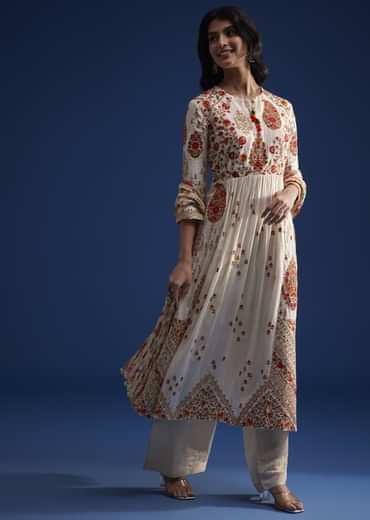 Ivory Linen Kurta Set With Floral Resham Work