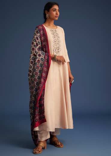 Beige Silk Anarkali Set With Ajrakh Print Dupatta