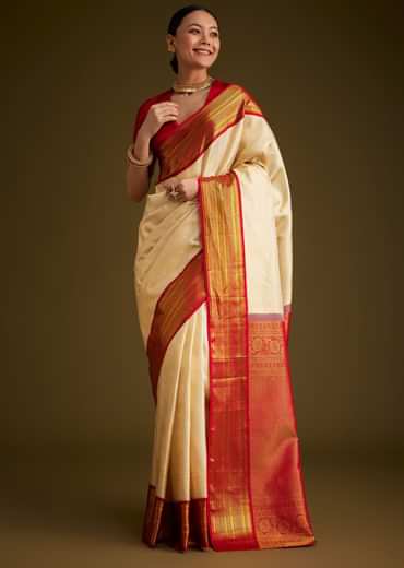 Beige Kanjivaram Silk Saree With Contrast Border