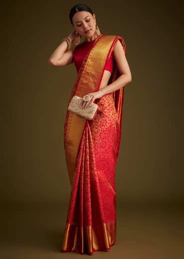 Red Kanjivaram Silk Saree With Golden Zari Woven Border
