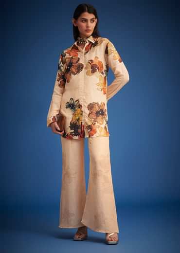 Cream Linen Floral Printed Embroidered Co Ord Set