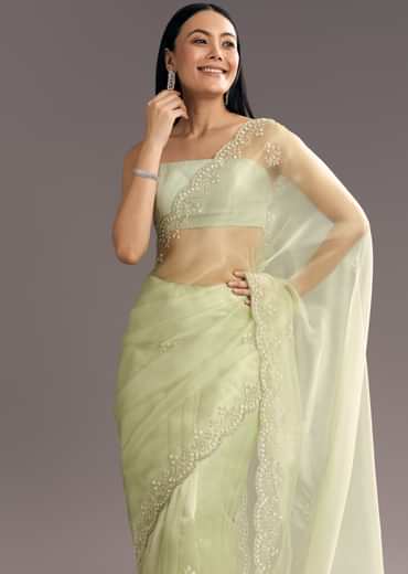 Apple Green Glass Tissue Saree With Cutdana Embroidery