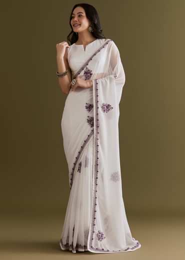 White Georgette Saree With Kashmiri Bud Embroidery