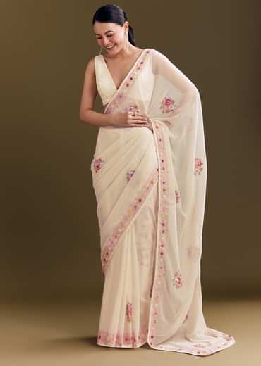 Off White Georgette Saree With Kashmiri Thread Buds