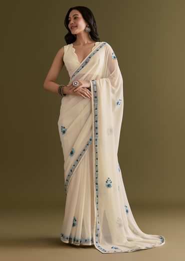 White And Blue Georgette Saree With Kashmiri Bud Embroidery
