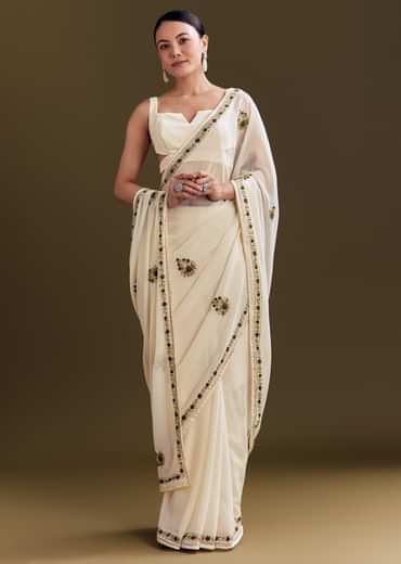 Off White Georgette Saree With Kashmiri Floral Embroidery