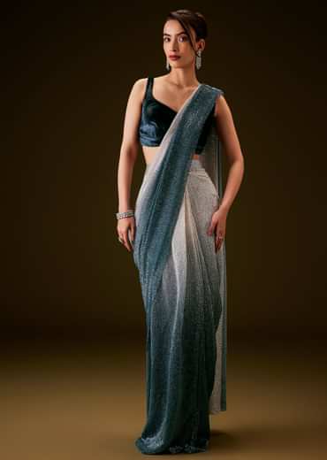 Teal And Cream Ombre Sequin Velvet Saree