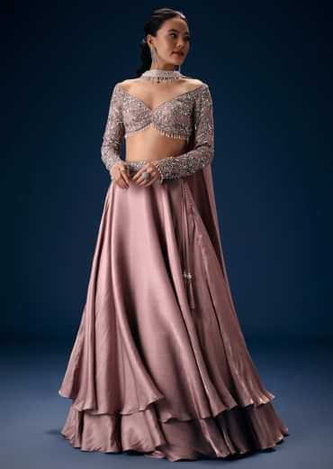 Onion Pink Embroidered Blouse With Lehenga And Choker Dupatta