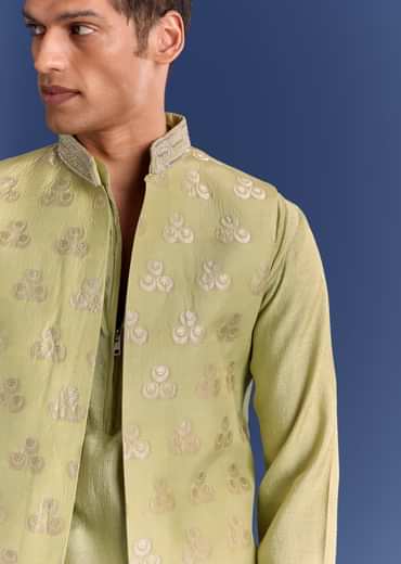 Mint Green Munga Silk Kurta Jacket Set With Hand Embroidery