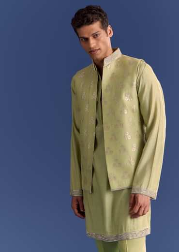 Mint Green Munga Silk Kurta Jacket Set With Hand Embroidery