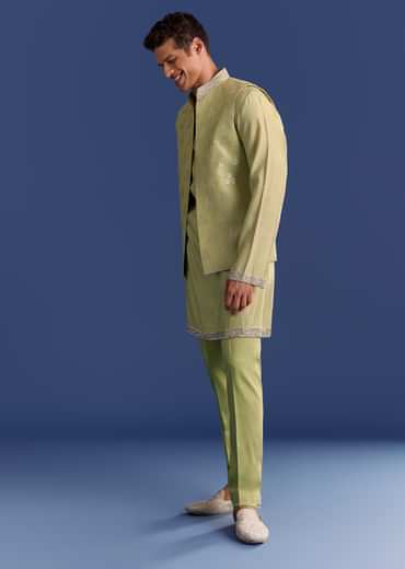 Mint Green Munga Silk Kurta Jacket Set With Hand Embroidery