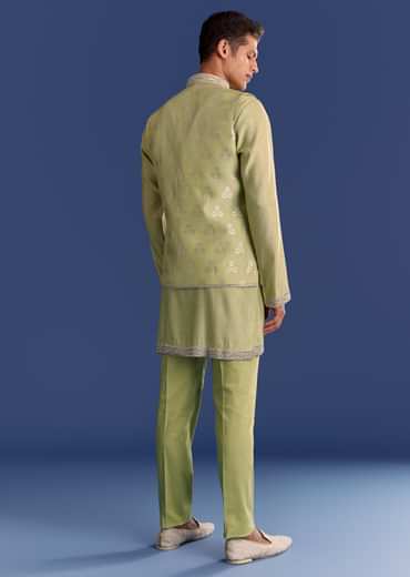 Mint Green Munga Silk Kurta Jacket Set With Hand Embroidery