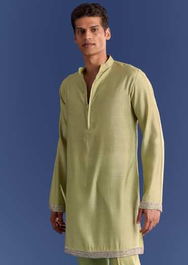 Mint Green Munga Silk Kurta Jacket Set With Hand Embroidery