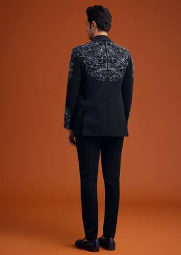 Black Embroidered Floral Tuxedo Set