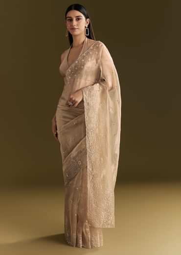 Beige Organza Sequin Embroidered Saree With Scallop Border
