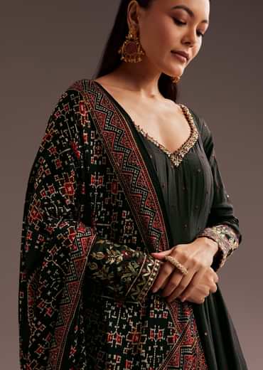 Black Sequins Zardosi Silk Anarkali Dupatta Set