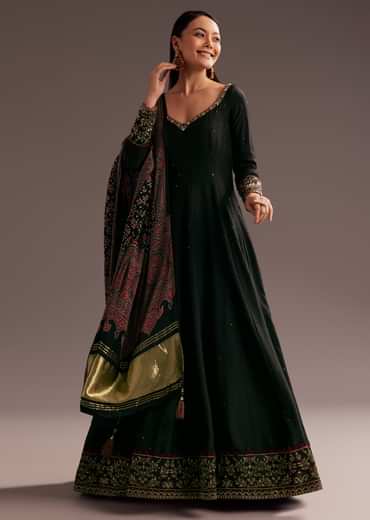 Black Sequins Zardosi Silk Anarkali Dupatta Set
