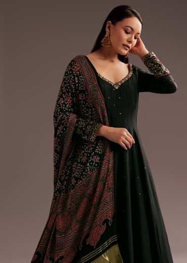 Black Sequins Zardosi Silk Anarkali Dupatta Set