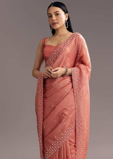 Rust Brown Crushed Tissue Cutdana And Sequin Embroidered Saree