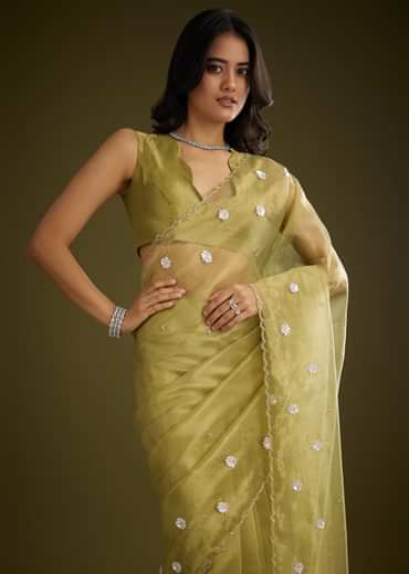 Mehandi Green Tissue Saree With Sequin Floral Embroidery