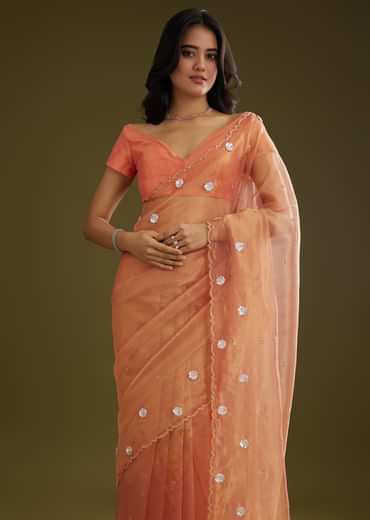 Rust Pink Tissue Floral Embroidered Saree With Cutdana Scallop Border