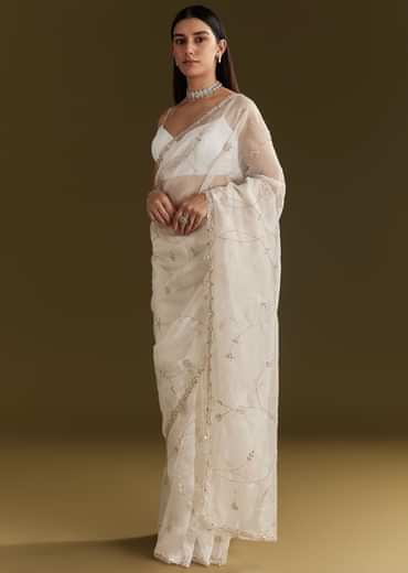 White Tissue Embroidered Saree With Scallop Border