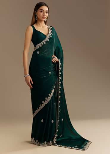 Teal Green Satin Saree With Zardosi Embroidery And Scallop Border