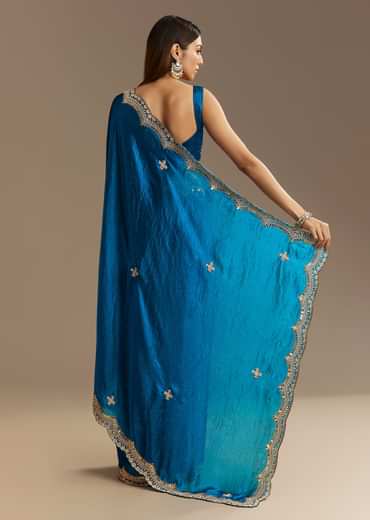 Peacock Blue Satin Saree With Gotapatti Zardosi Stones And Cutdana Embroidery