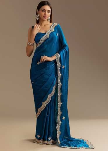 Peacock Blue Satin Saree With Gotapatti Zardosi Stones And Cutdana Embroidery