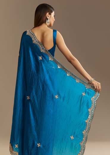 Peacock Blue Satin Saree With Gotapatti Zardosi Stones And Cutdana Embroidery