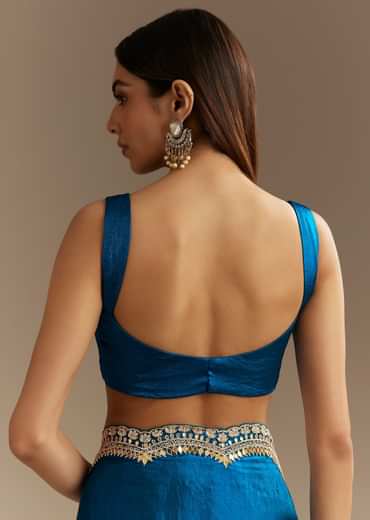 Peacock Blue Satin Saree With Gotapatti Zardosi Stones And Cutdana Embroidery