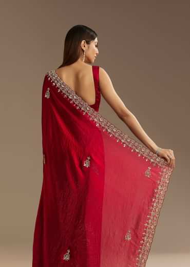Red Satin Saree With Gotapatti And Scallop Border