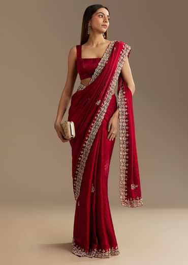 Red Satin Saree With Gotapatti And Scallop Border