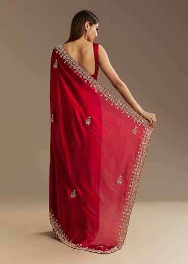 Red Satin Saree With Gotapatti And Scallop Border