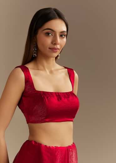 Red Satin Saree With Gotapatti And Scallop Border