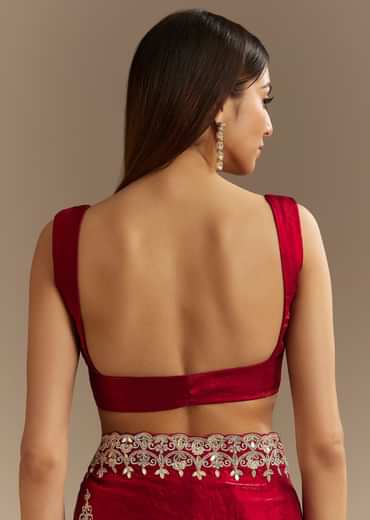 Red Satin Saree With Gotapatti And Scallop Border