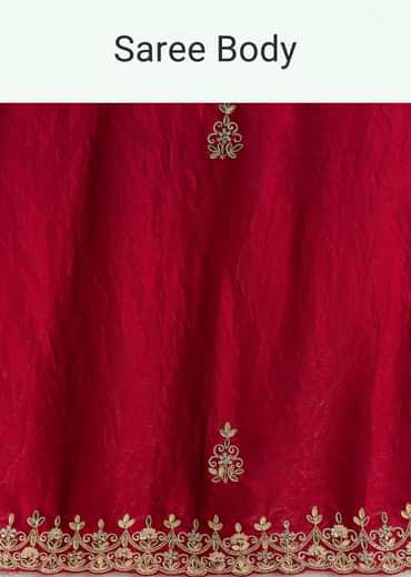 Red Satin Saree With Gotapatti And Scallop Border