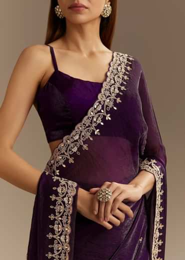 Purple Satin Saree With Gotapatti Work And Scallop Border