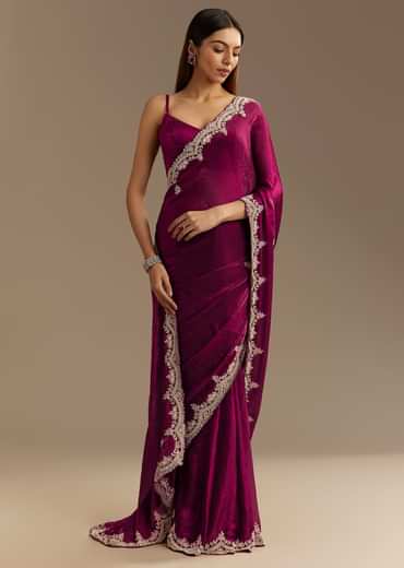 Wine Satin Sequins Saree With Zardosi Cutdana Embroidery And Scallop Border