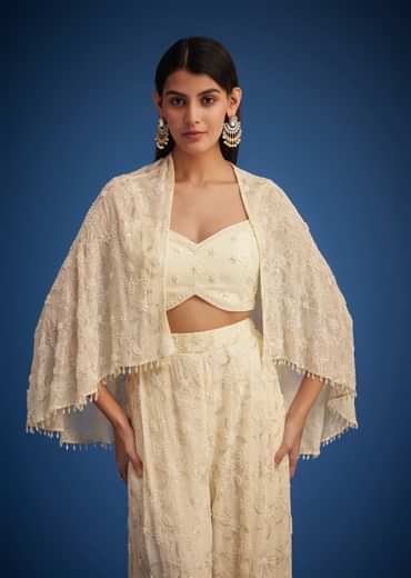 Off White Embroidered Cape Palazzo Set