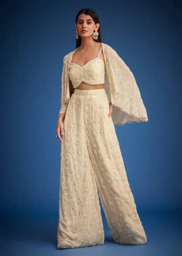 Off White Embroidered Cape Palazzo Set