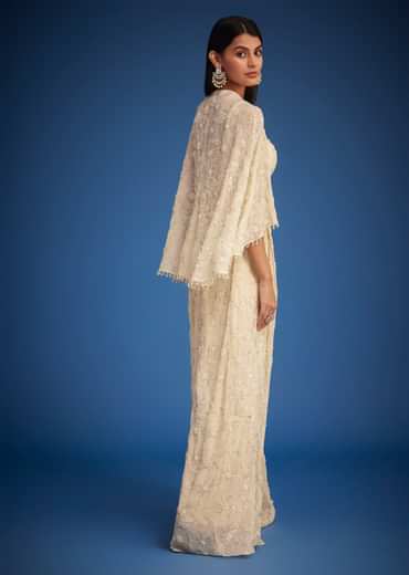 Off White Embroidered Cape Palazzo Set