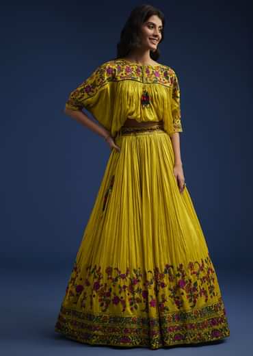 Mustard Silk Blend Crop Top And Skirt With Resham Work
