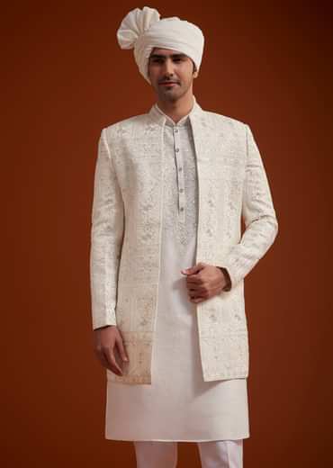Off White Open Jacket Sherwani Set With Resham Work