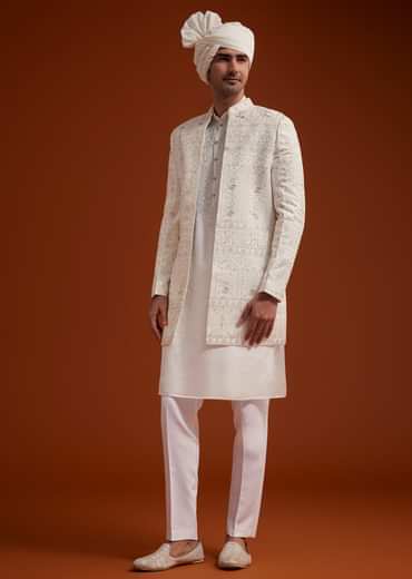 Off White Open Jacket Sherwani Set With Resham Work