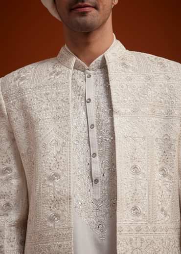 Off White Open Jacket Sherwani Set With Resham Work