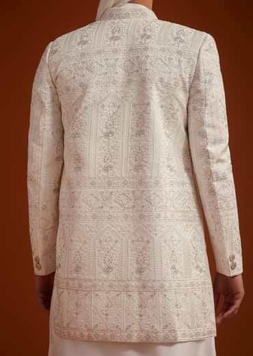 Off White Open Jacket Sherwani Set With Resham Work