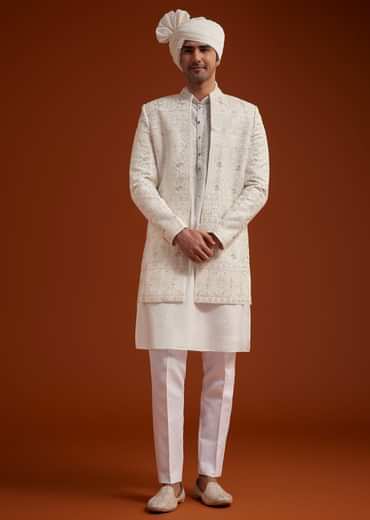 Off White Open Jacket Sherwani Set With Resham Work